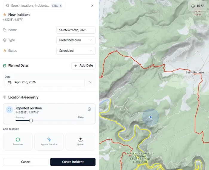 The prescribed burn creation form showing type set to Prescribed burn, with planned dates and location fields