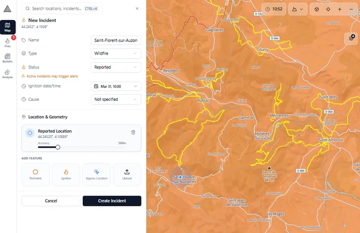 The incident creation form with fields for name, type, status, cause, and ignition time, with the map in the background