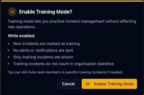 Confirmation dialog listing what Training Mode does