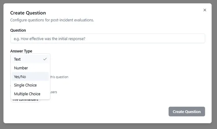 The evaluations tab showing a questionnaire with group selection, question types, and a submit button