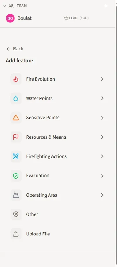 Add feature panel showing categories: Fire Evolution, Water Points, Sensitive Points, Resources and Means, Firefighting Actions, Evacuation, Operating Area, Other, Upload File