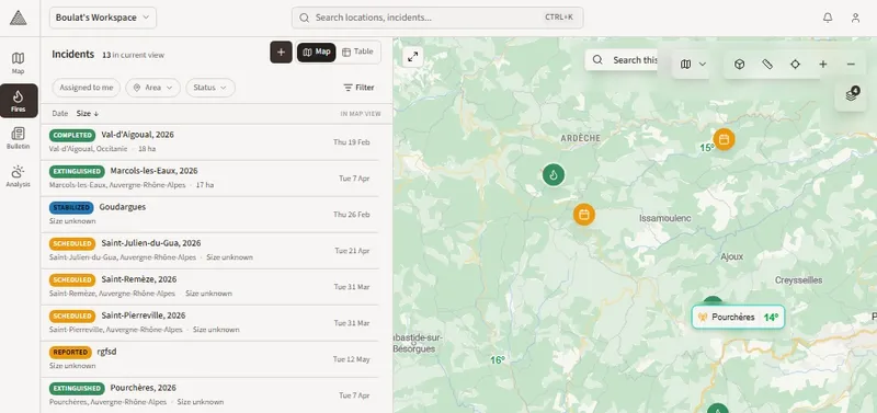Incidents panel in map view showing a list of incidents alongside an interactive map