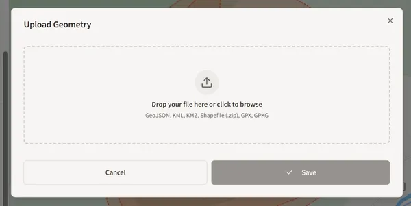 Upload Geometry dialog with a drop zone accepting GeoJSON, KML, KMZ, Shapefile, GPX and GPKG files