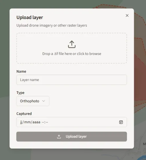 Upload layer dialog with a .tif drop zone and fields for name, type and capture date