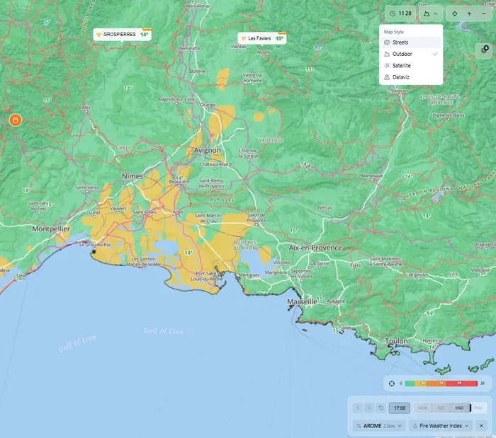 The map in forecast mode showing colour-coded FWI data, saved location pins, and the style picker open in the top-right