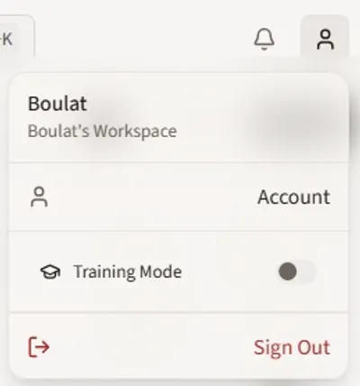 Account menu in the top-right corner showing the Training Mode toggle