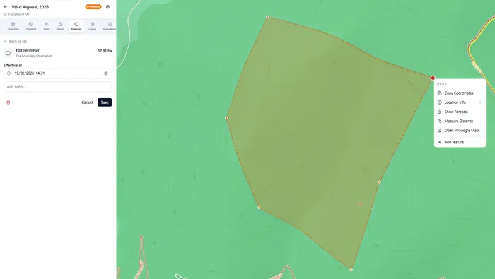 The map view in drawing mode showing a fire perimeter being drawn with points placed around a boundary