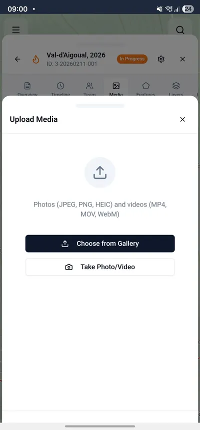 The media tab on mobile showing the upload options: choose from gallery or take a photo